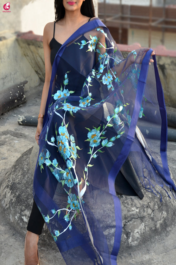 Purple Organza Floral Hand painted Stole