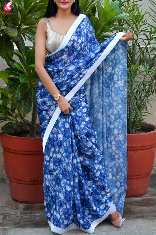 Blue & White Digital Print Satin Georgette Satin Taping Saree