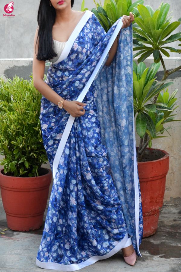 Blue &amp; White Digital Print Satin Georgette Satin Taping Saree