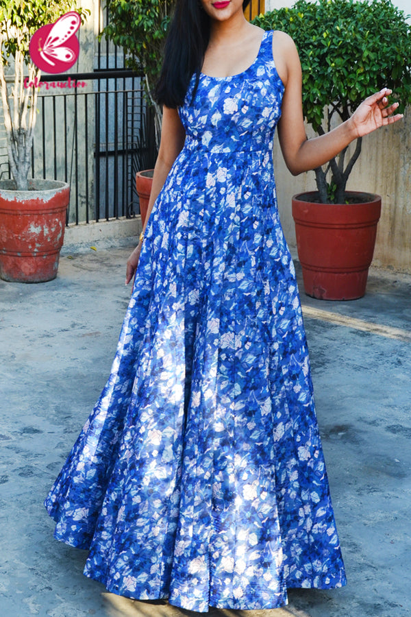 Blue Satin Georgette Padded Gown