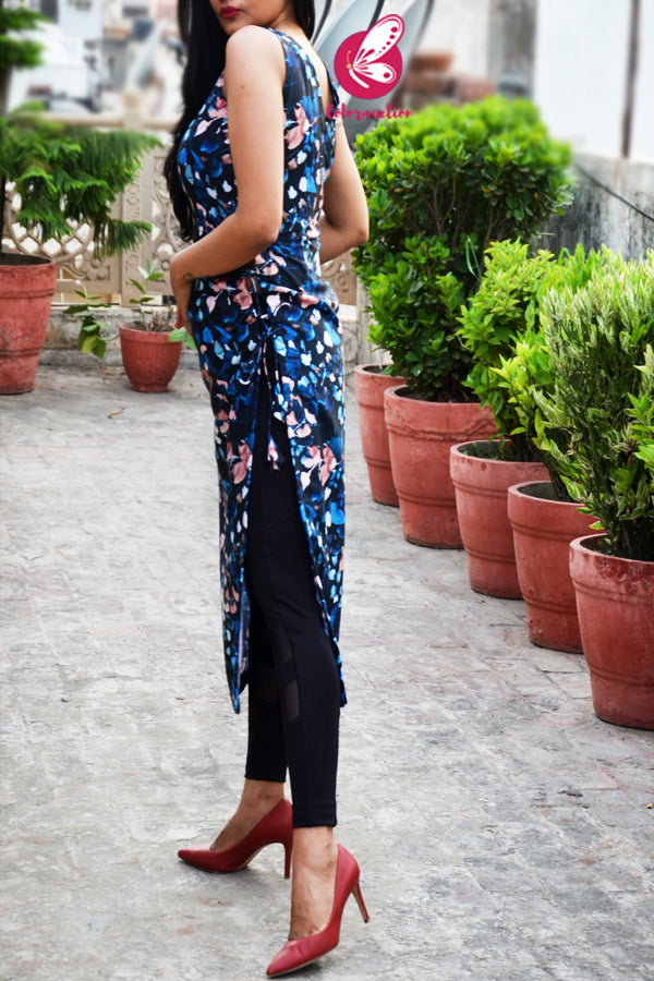 Blue Cotton Linen Slub Sleeveless SideTassels Kurti