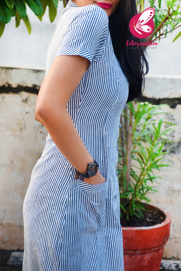Blue &amp; White Printed Stripes Cotton Kurti Set