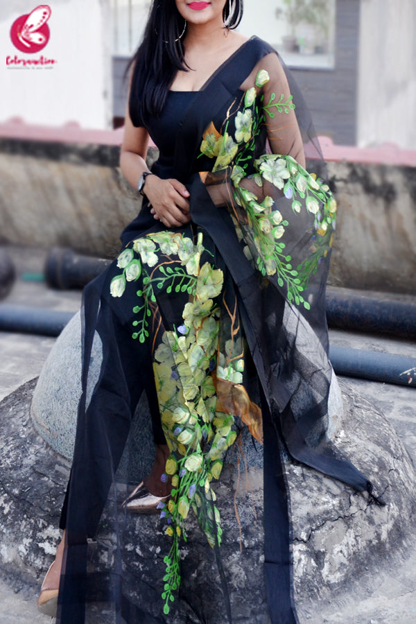 Black Organza Hand painted Floral Stole