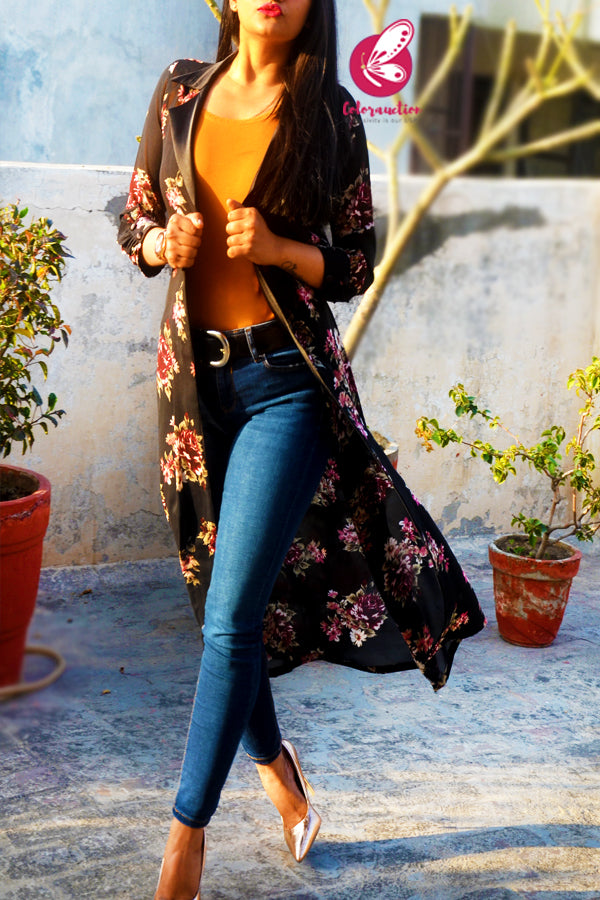 Black Georgette Printed Quarter Sleeves Long Shrug