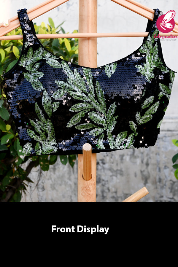 Black & Green Sequins Padded Backless Blouse