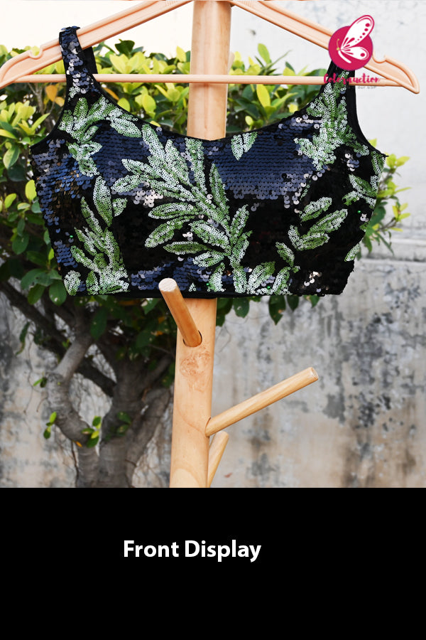 Black &amp; Green Sequins Padded Backless Blouse