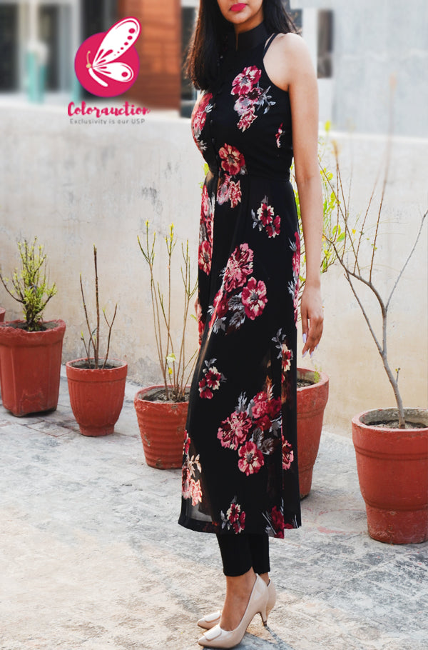 Black Printed Georgette Floral Sleeveless Long Kurti