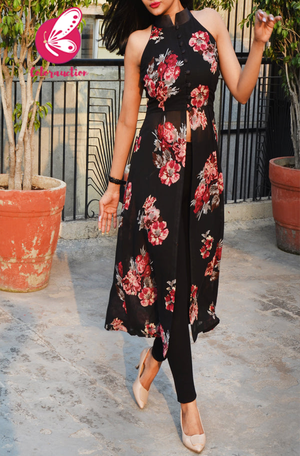 Black Printed Georgette Floral Sleeveless Long Kurti