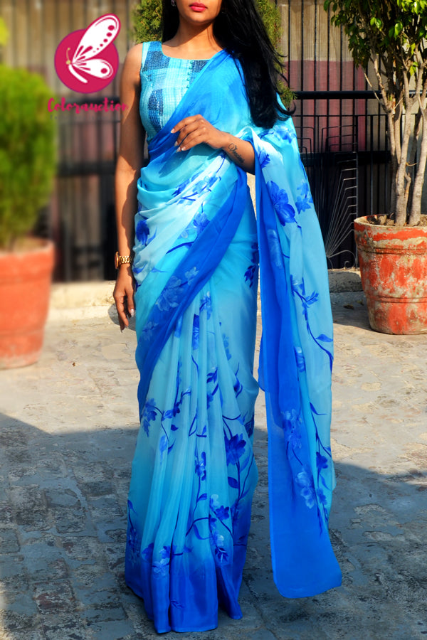 Sky Blue & Blue Double Shaded Chinon Handpainted Saree