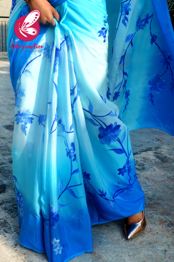 Sky Blue &amp; Blue Double Shaded Chinon Handpainted Saree