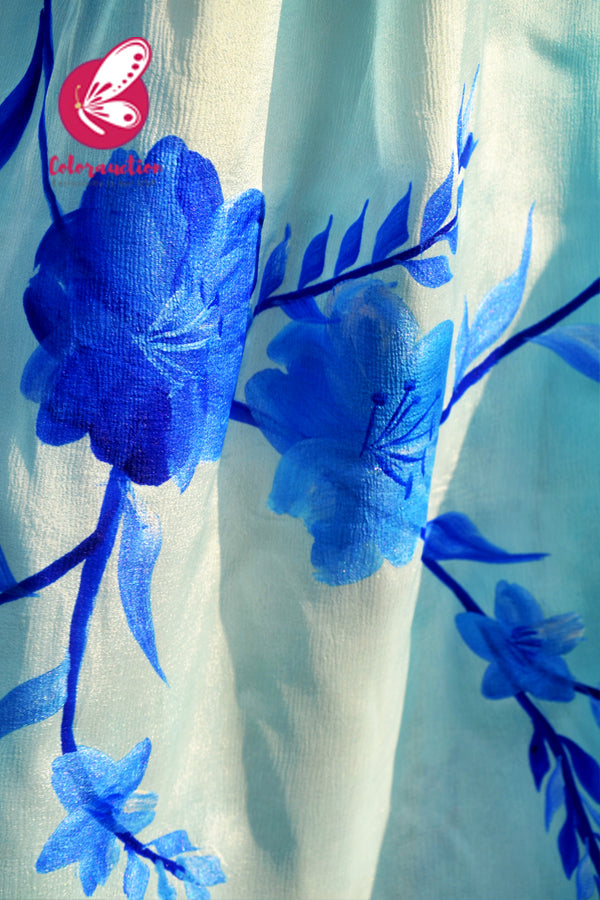 Sky Blue &amp; Blue Double Shaded Chinon Handpainted Saree