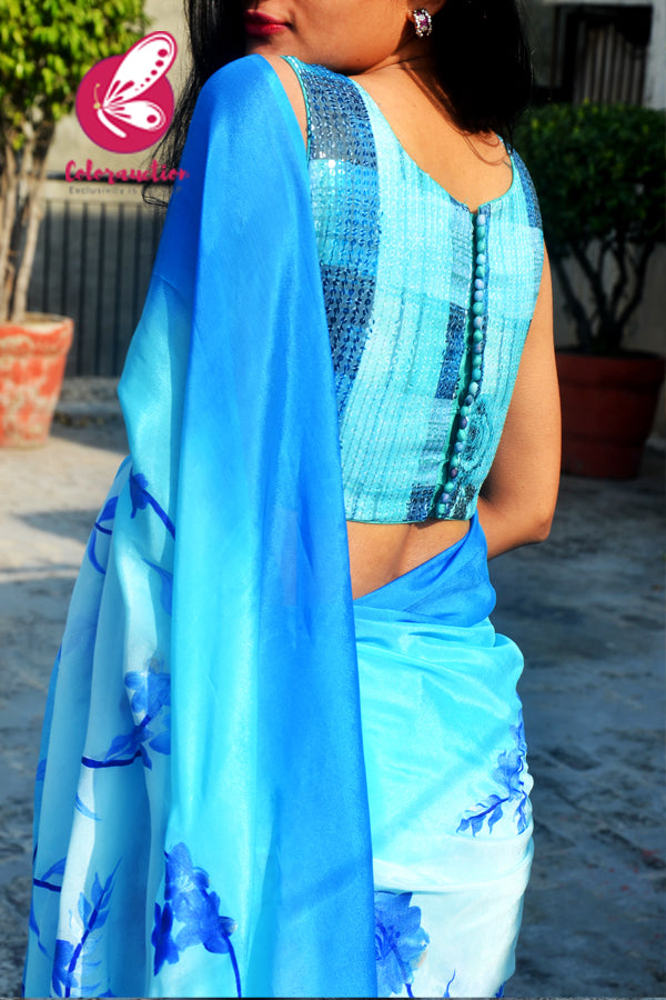 Sky Blue &amp; Blue Double Shaded Chinon Handpainted Saree