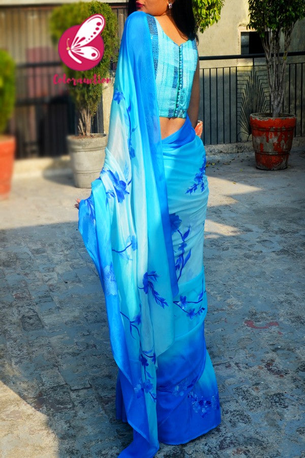 Sky Blue &amp; Blue Floral Sequins Padded Blouse