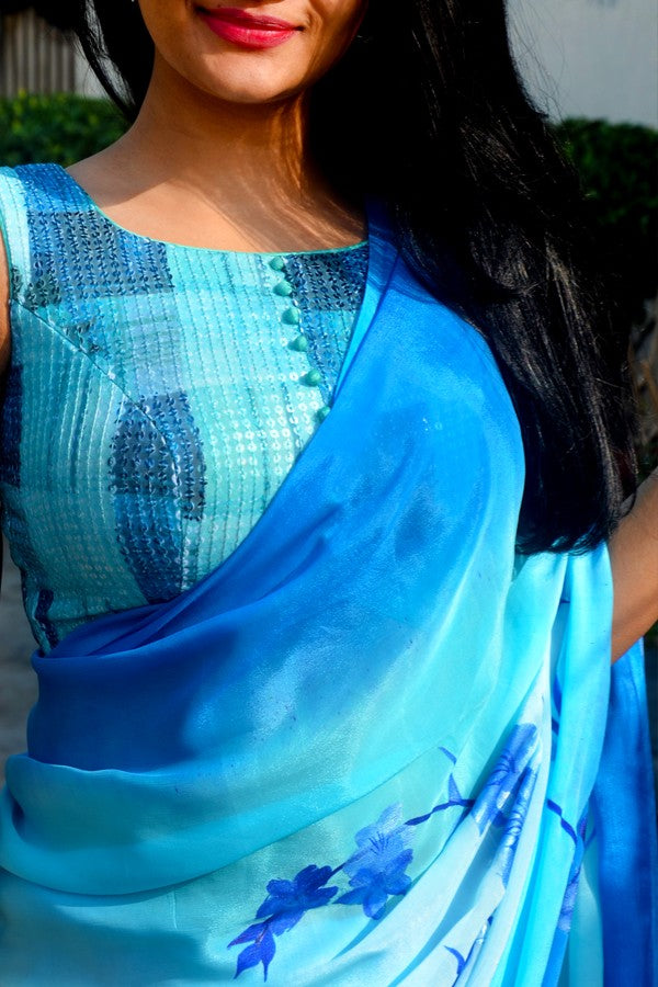 Sky Blue &amp; Blue Floral Sequins Padded Blouse
