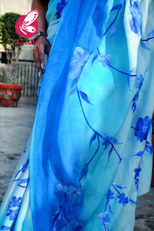 Sky Blue &amp; Blue Double Shaded Chinon Handpainted Saree