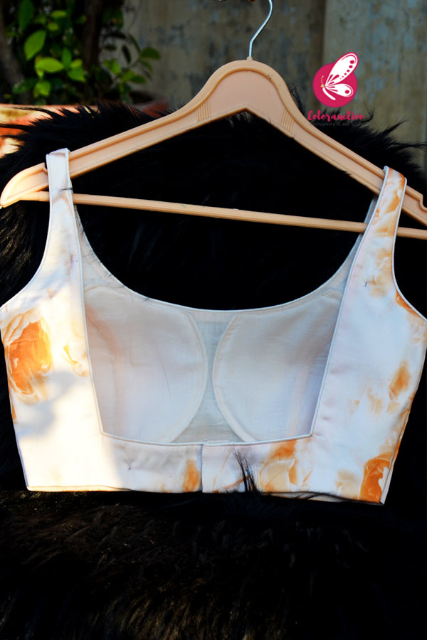 Cream_Orange Printed Floral Satin Geogette Padded Backless Blouse