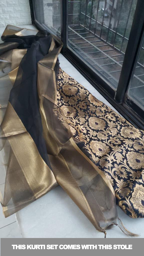 Black Brocade Padded Kurti with Cotton Silk Pants and Chanderi Stole