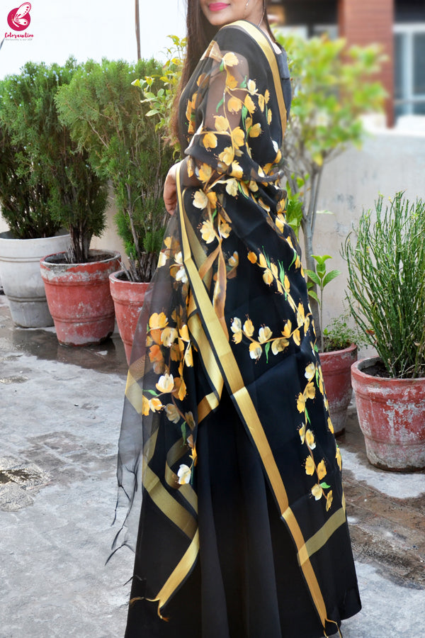 Black Organza Hand painted Multi color Floral Stole