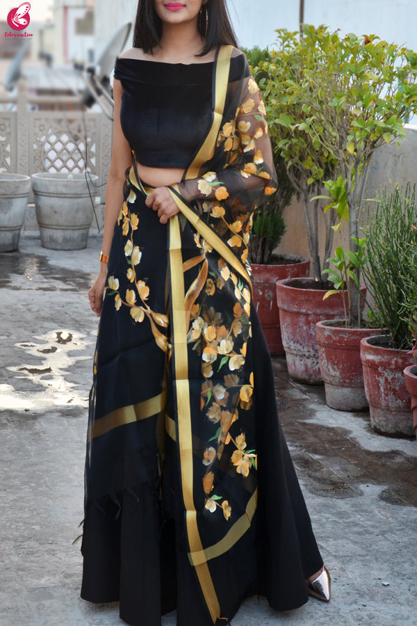 Black Organza Hand painted Multi color Floral Stole
