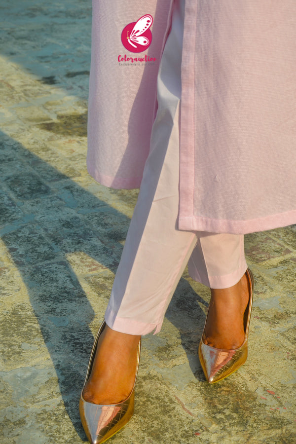 Baby Pink Dobby Kurti with Baby Pink Cotton Silk Pants Kurti Set
