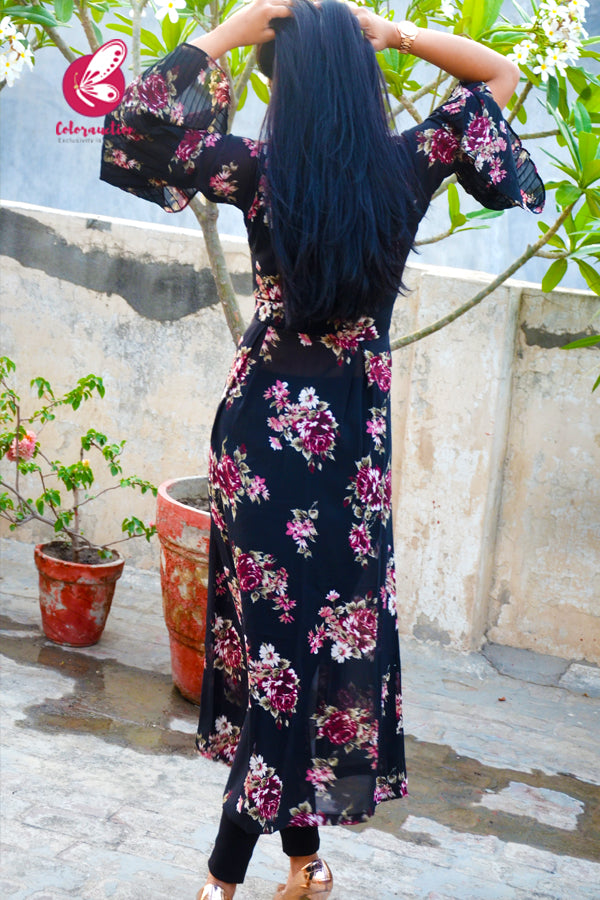 Black Printed Georgette Floral Long Kurti