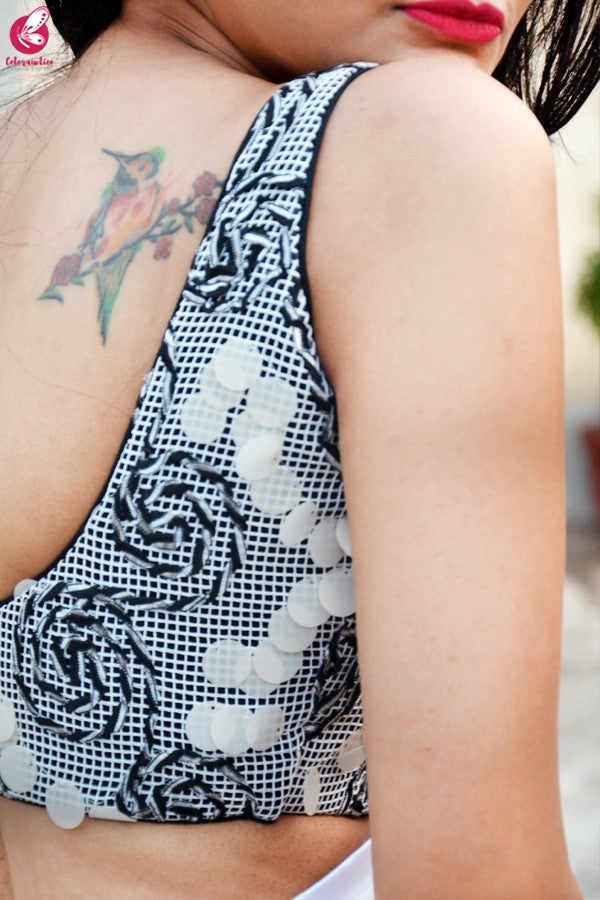 Black &amp; White Net Embroidered Padded Blouse