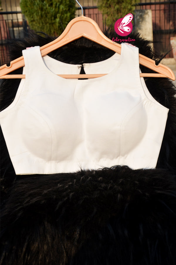 White Crepe Keyhole Back Ribbon Handwork Padded Blouse