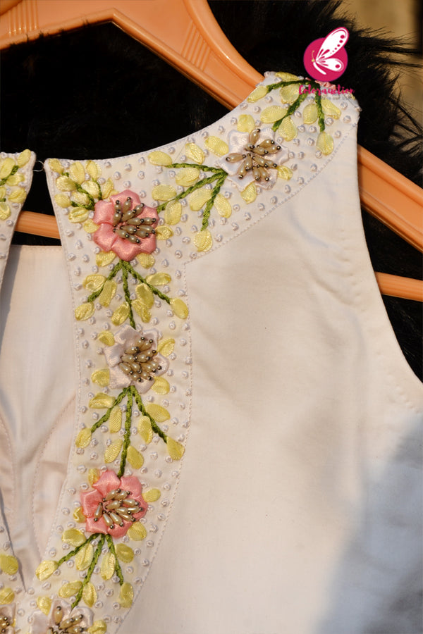 White Crepe Keyhole Back Ribbon Handwork Padded Blouse