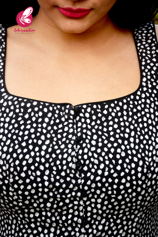 Black & White Printed Rayon Sleeveless Front Slit Kurti