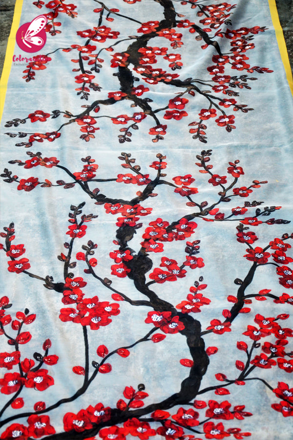 Off White Handpainted Colourful Red Maroon Floral Golden Zari Pure Organza Stole
