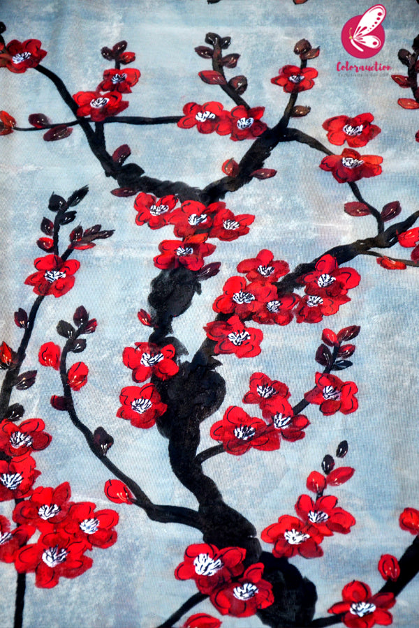 Off White Handpainted Colourful Red Maroon Floral Golden Zari Pure Organza Stole