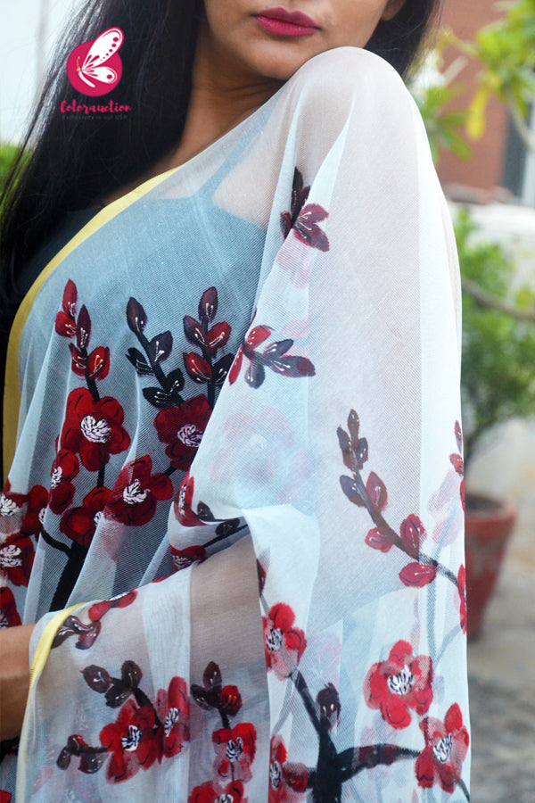 Off White Handpainted Colourful Red Maroon Floral Golden Zari Pure Organza Stole