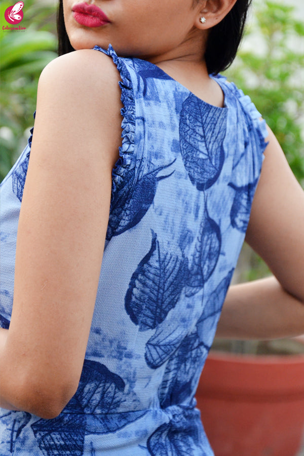 Blue Printed Bubble Crepe Sleeveless Front Slit Kurti