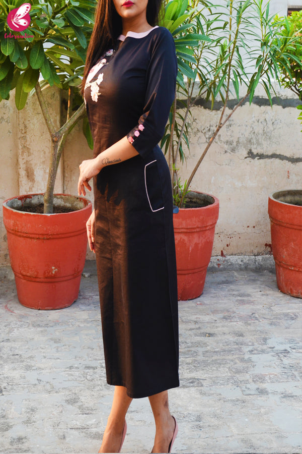 Black A-Line Embroidered Midi Dress