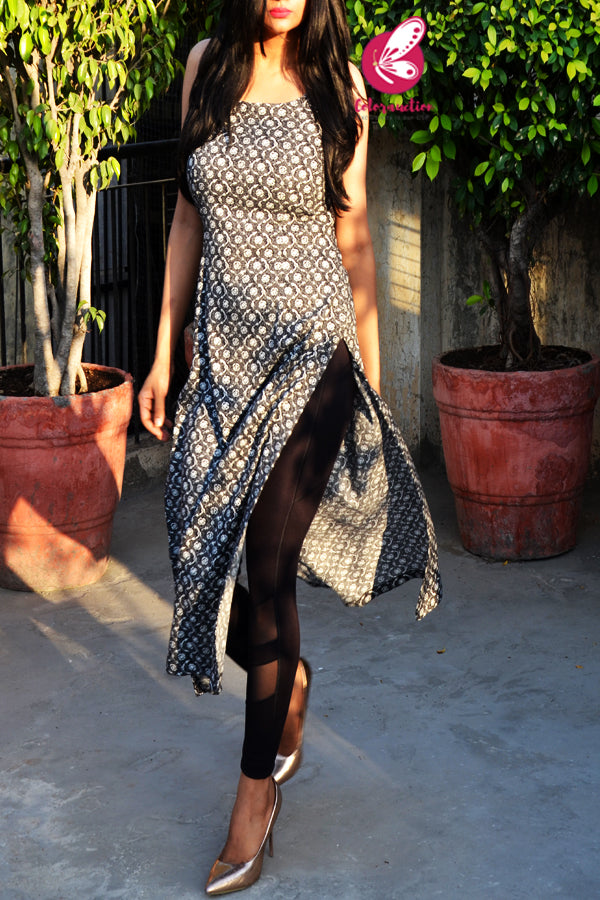 Black &amp; White Printed Rayon Strappy Straight Fit Kurti