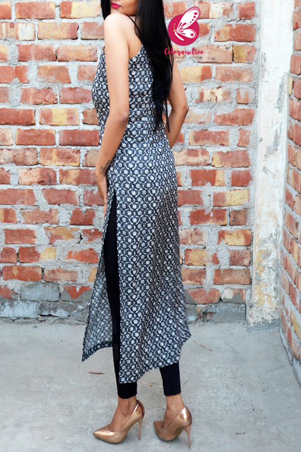 Black &amp; White Printed Rayon Strappy Straight Fit Kurti