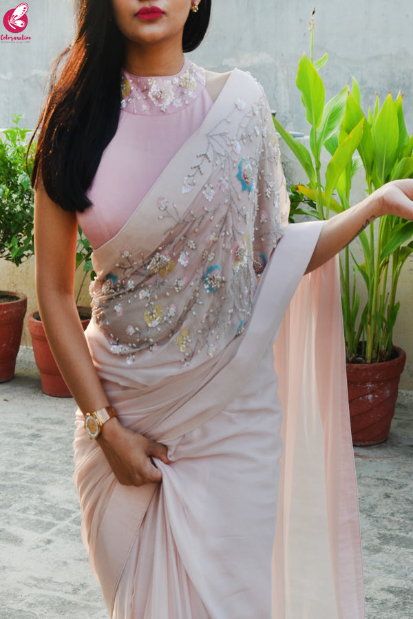 Baby Pink Pure Silk Chiffon Sequins Pearl Handwork Saree