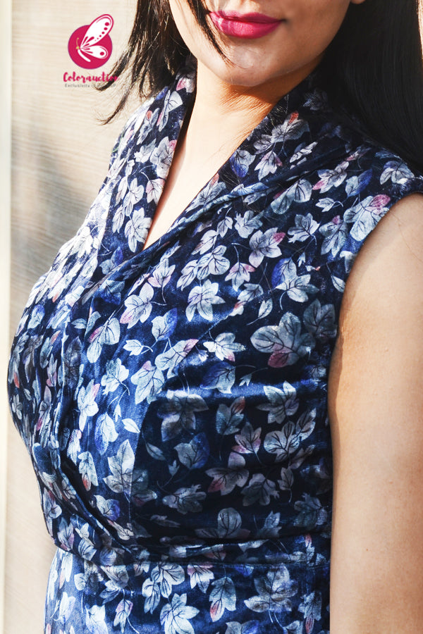 Blue Printed Velvet Princess Cut Yoke Collar Neck Straight Fit Kurti
