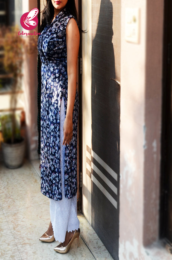 Blue Printed Velvet Princess Cut Yoke Collar Neck Straight Fit Kurti