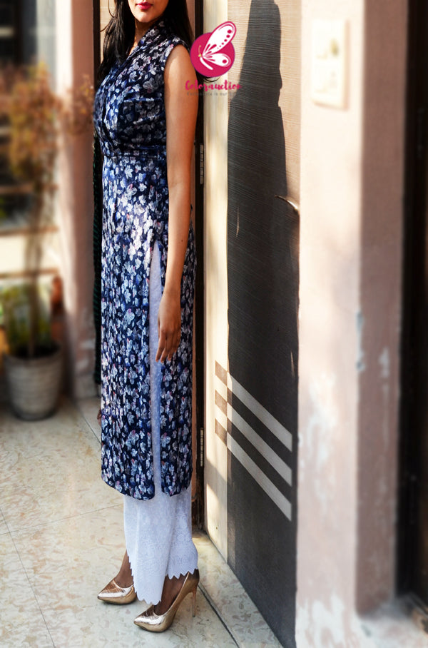 Blue Printed Velvet Princess Cut Yoke Collar Neck Straight Fit Kurti