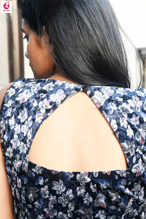Blue Scoop Neck Printed Velvet Back Keyhole Kurti | Colorauction