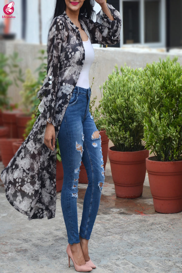 Black &amp; White Printed Floral Georgette Quarter Sleeves Long Shrug