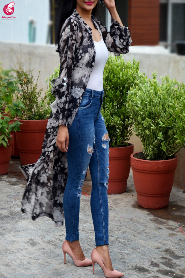 Black & White Printed Floral Georgette Quarter Sleeves Long Shrug