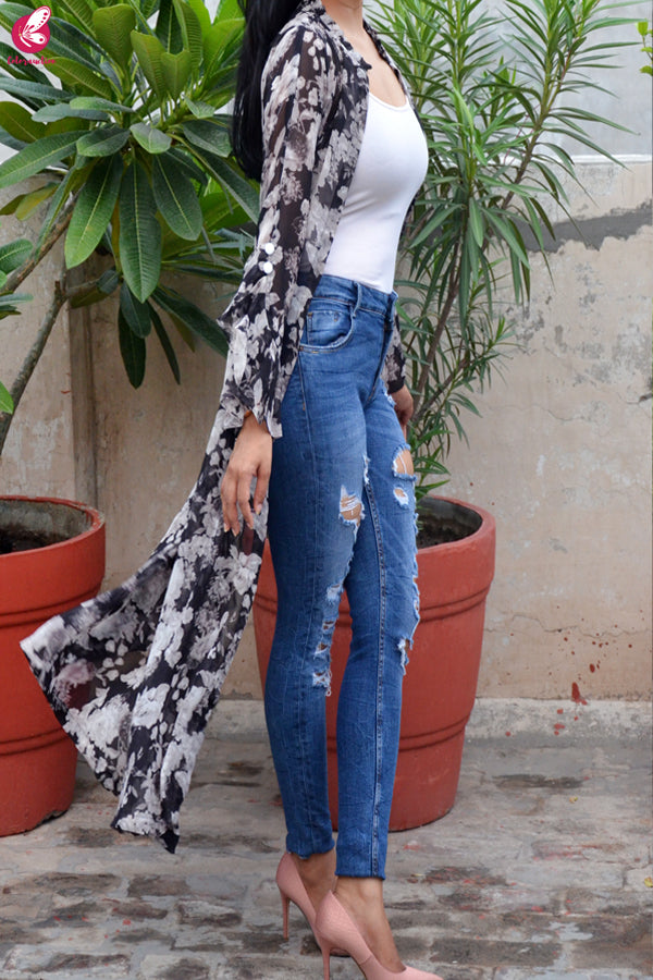 Black &amp; White Printed Floral Georgette Quarter Sleeves Long Shrug