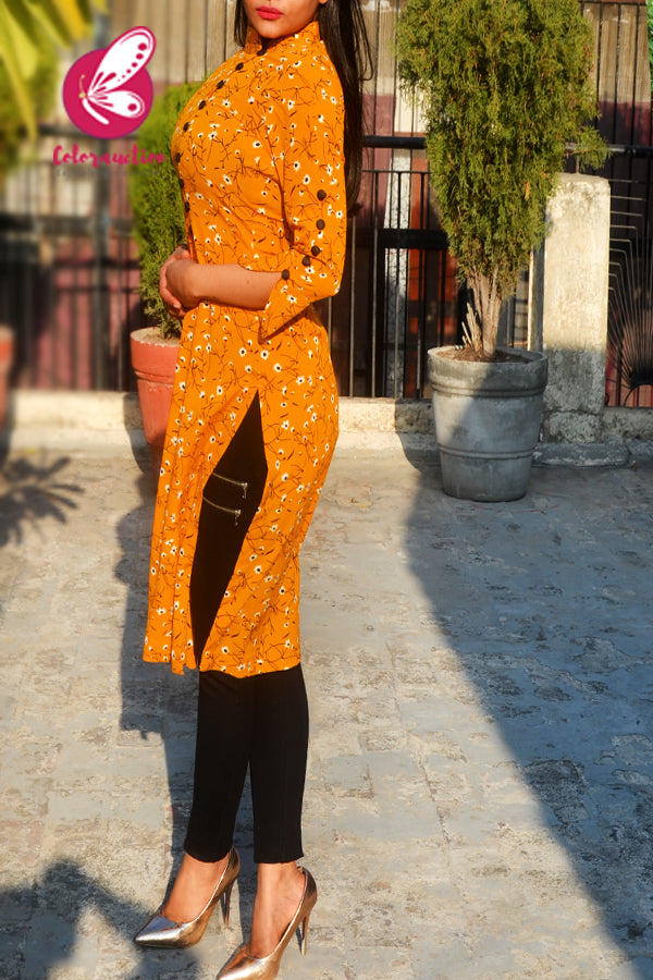 Mustard Bubble Crepe Floral Printed Quarter Sleeves Kurti