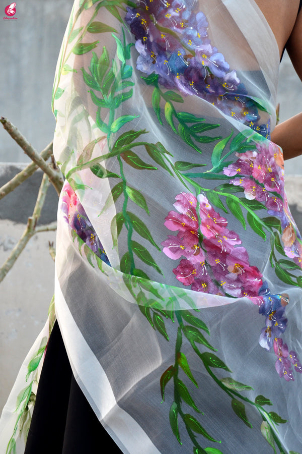 White Organza Handpainted Multicolor Floral Stole