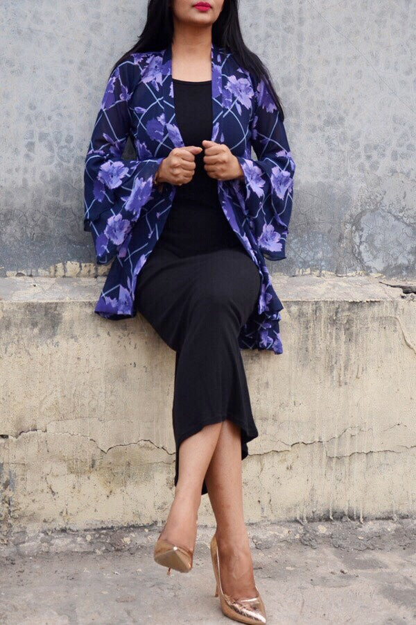 Blue Printed Georgette Floral Shrug
