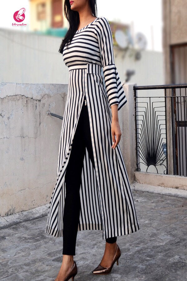 Black and White Stripes Crepe Kurti