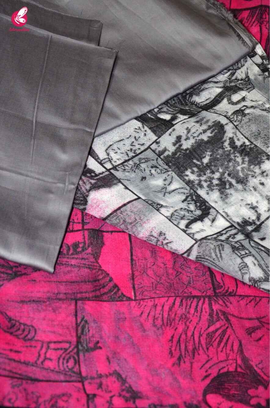 Grey and Pink Printed Georgette Saree