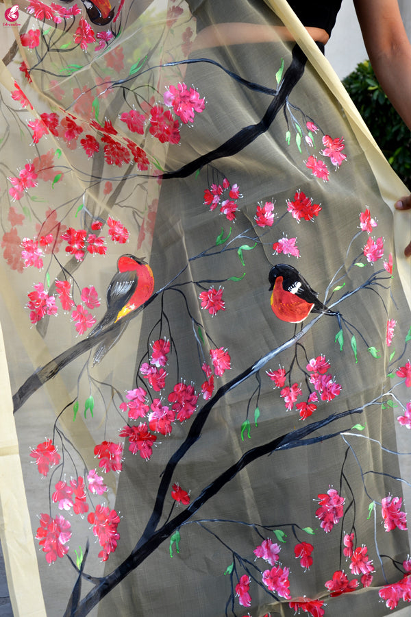 Cream Organza Hand painted Floral Birds Stole